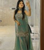 women's shimmer silk embroidered kurta palazzo with dupatta set