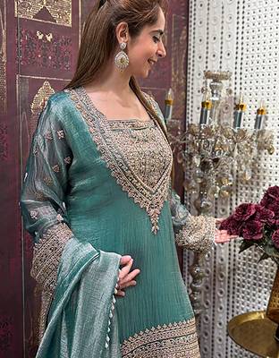 women's shimmer silk embroidered kurta palazzo with dupatta set 3