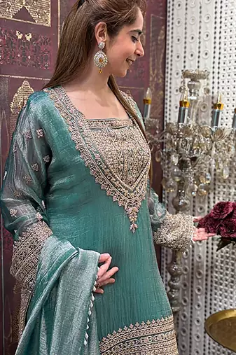 women's shimmer silk embroidered kurta palazzo with dupatta set