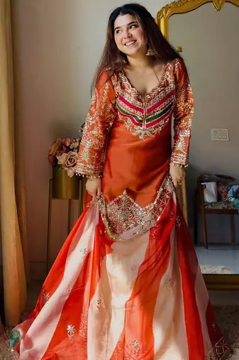women's shimmer silk embroidered kurta sharara with dupatta set