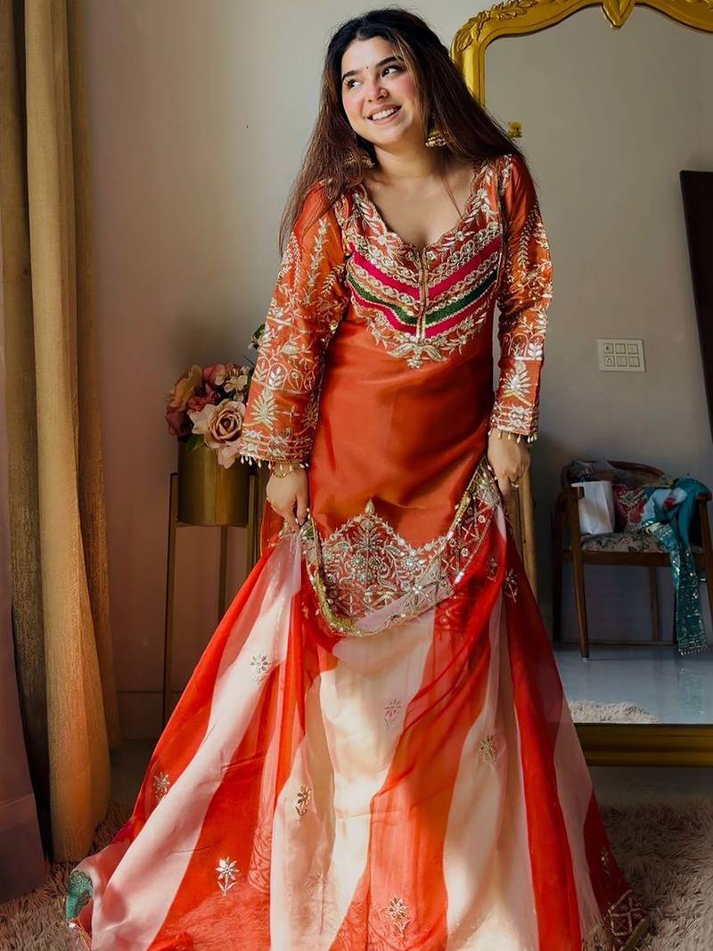 women's shimmer silk embroidered kurta sharara with dupatta set