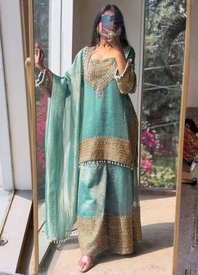 women's shimmer silk embroidered kurta palazzo with dupatta set 4