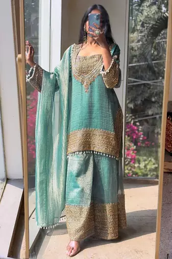 women's shimmer silk embroidered kurta palazzo with dupatta set