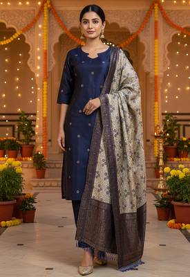 women's art silk woven butta motiff kurta pant with dupatta set 1