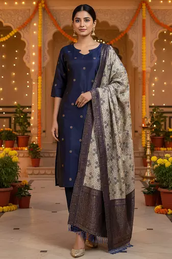 women's art silk woven butta motiff kurta pant with dupatta set