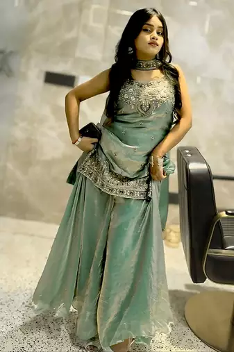 women's shimmer silk embroidered kurta palazzo with dupatta set