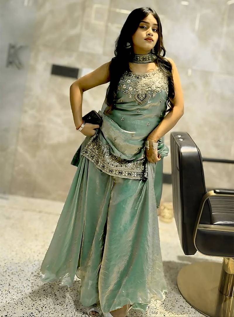 women's shimmer silk embroidered kurta palazzo with dupatta set