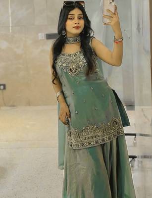 women's shimmer silk embroidered kurta palazzo with dupatta set 4