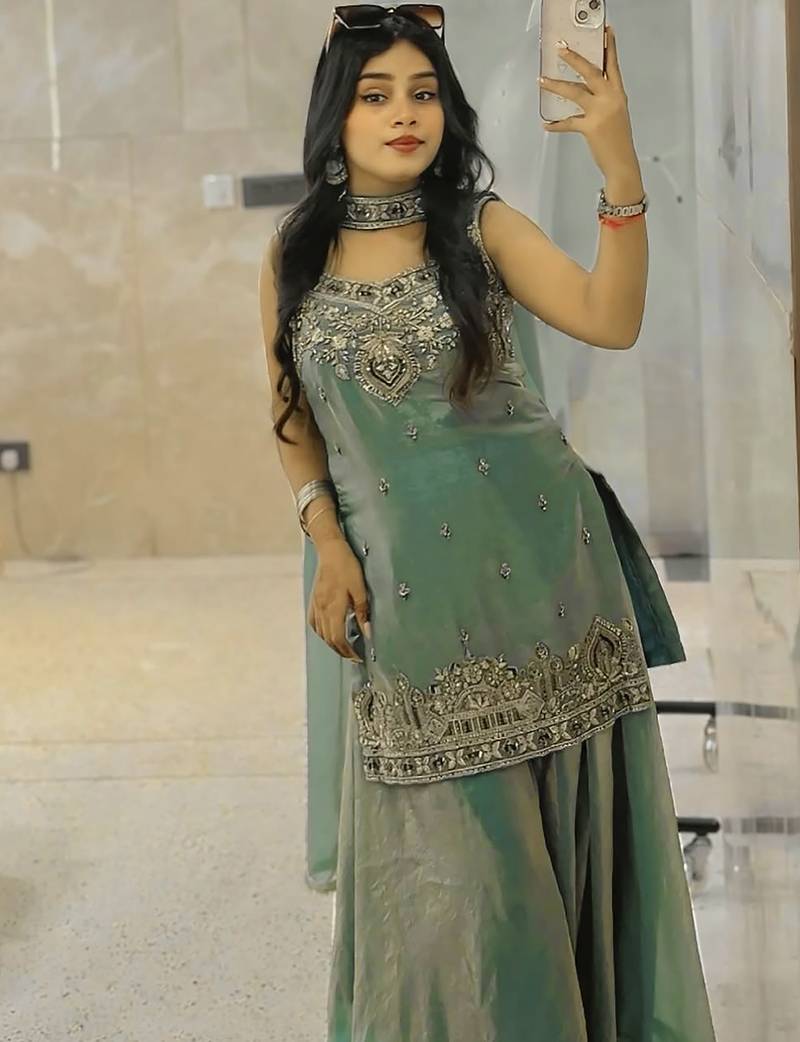 women's shimmer silk embroidered kurta palazzo with dupatta set