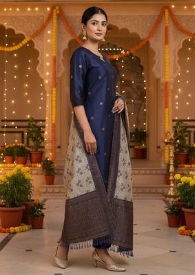 women's art silk woven butta motiff kurta pant with dupatta set 2