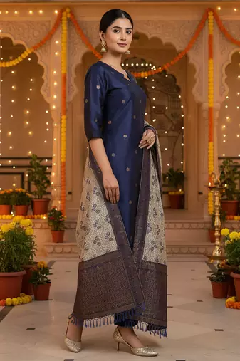 women's art silk woven butta motiff kurta pant with dupatta set