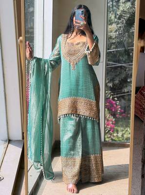 women's shimmer silk embroidered kurta palazzo with dupatta set 5