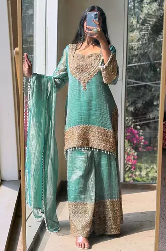 women's shimmer silk embroidered kurta palazzo with dupatta set