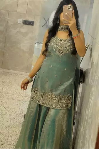 women's shimmer silk embroidered kurta palazzo with dupatta set