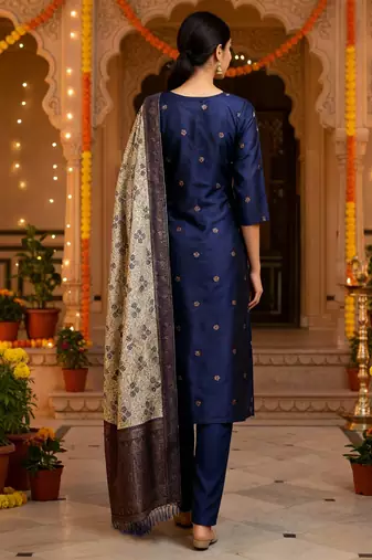 women's art silk woven butta motiff kurta pant with dupatta set