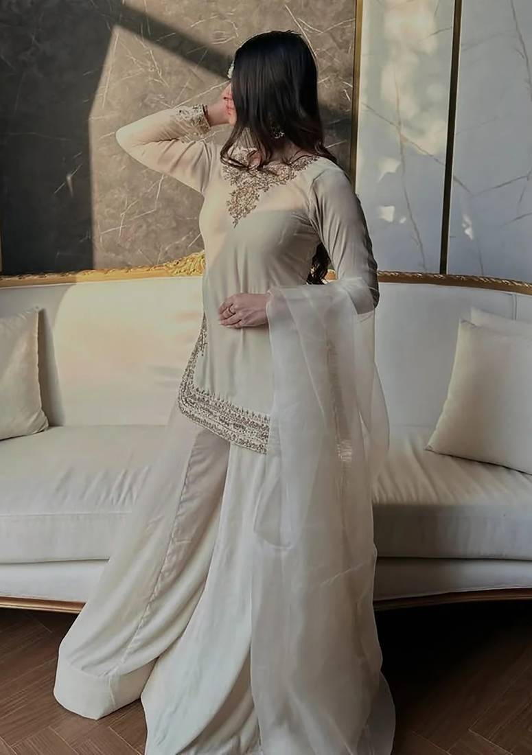 women's silk embroidered kurta palazzo with dupatta set
