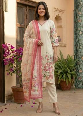 women's cotton blend embroidered kurta pant with dupatta set 1