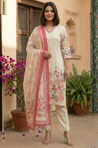women's cotton blend embroidered kurta pant with dupatta set