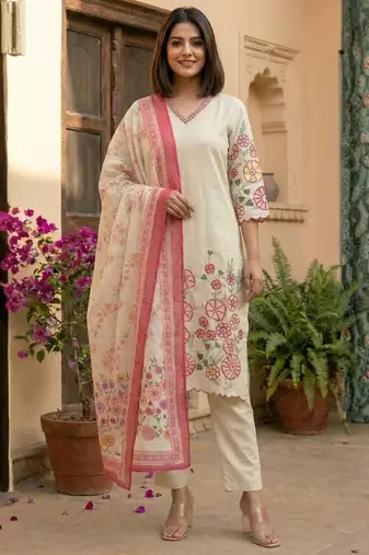 women's cotton blend embroidered kurta pant with dupatta set