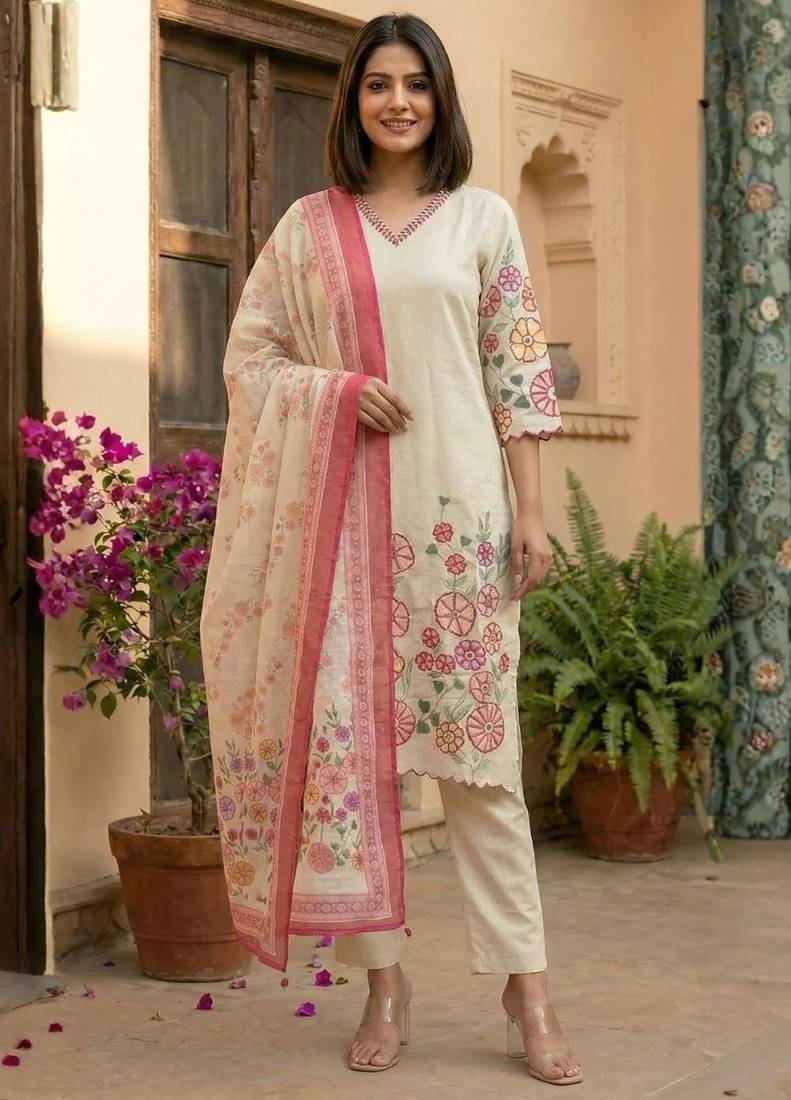 women's cotton blend embroidered kurta pant with dupatta set