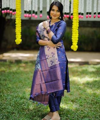 women's art silk woven butta motiff kurta pant with dupatta set 1