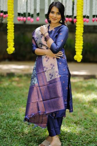 women's art silk woven butta motiff kurta pant with dupatta set