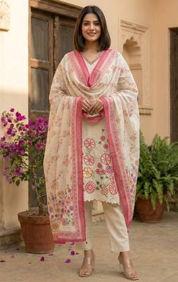 women's cotton blend embroidered kurta pant with dupatta set 2