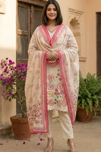 women's cotton blend embroidered kurta pant with dupatta set