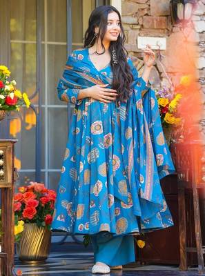 women's cotton blend printed anarkali kurta palazzo with dupatta set 1