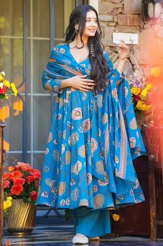 women's cotton blend printed anarkali kurta palazzo with dupatta set