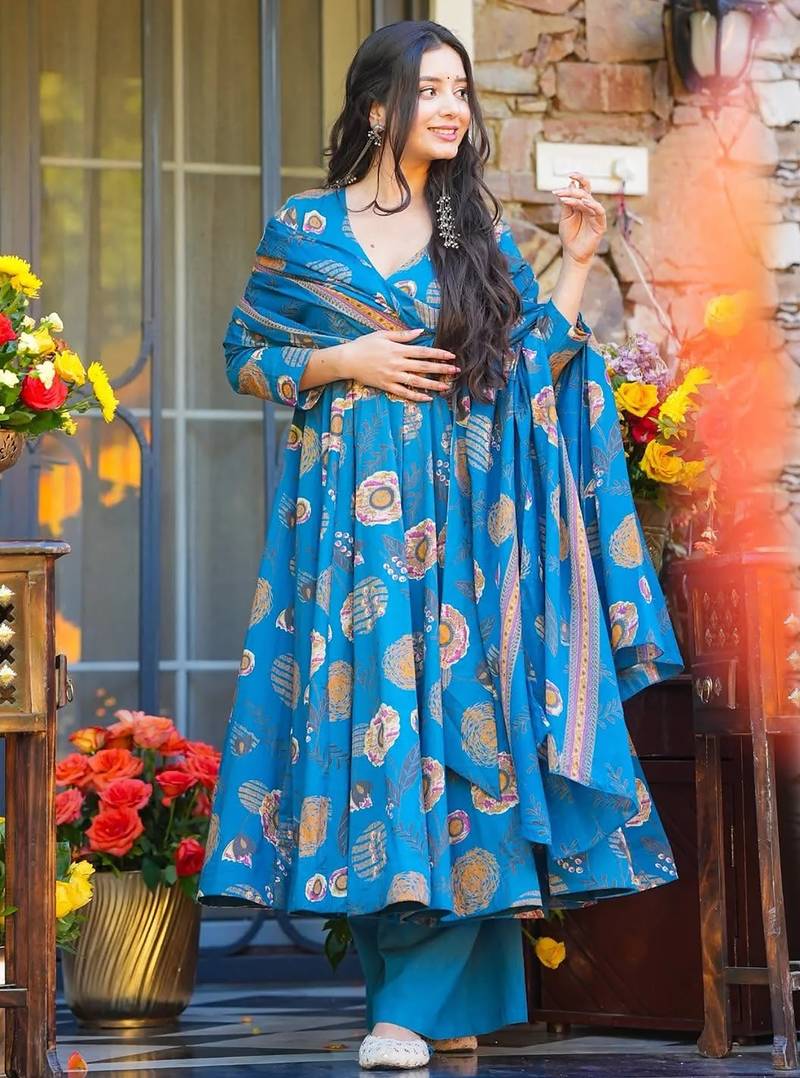 women's cotton blend printed anarkali kurta palazzo with dupatta set