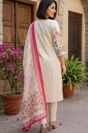 women's cotton blend embroidered kurta pant with dupatta set