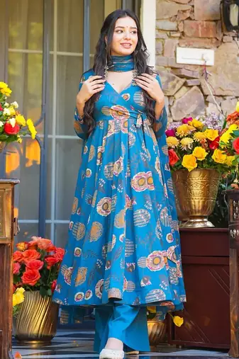 women's cotton blend printed anarkali kurta palazzo with dupatta set