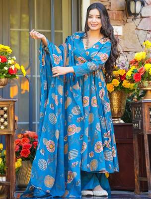 women's cotton blend printed anarkali kurta palazzo with dupatta set 3
