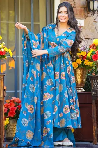 women's cotton blend printed anarkali kurta palazzo with dupatta set