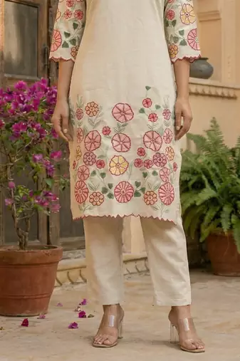 women's cotton blend embroidered kurta pant with dupatta set
