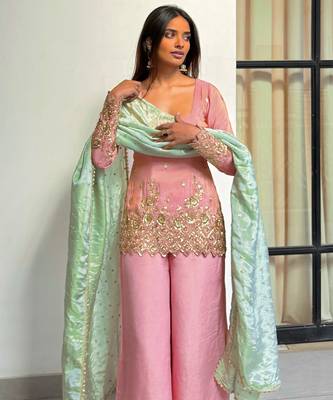 women's shimmer silk embroidered kurta palazzo with dupatta set 1