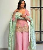 women's shimmer silk embroidered kurta palazzo with dupatta set