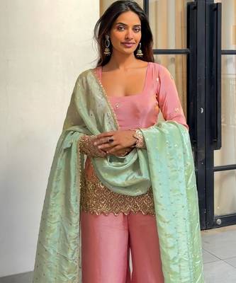 women's shimmer silk embroidered kurta palazzo with dupatta set 2