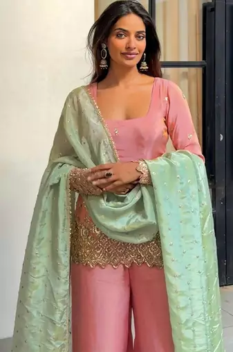 women's shimmer silk embroidered kurta palazzo with dupatta set