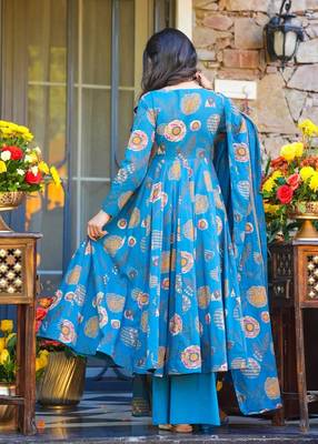 women's cotton blend printed anarkali kurta palazzo with dupatta set 4