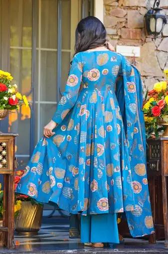 women's cotton blend printed anarkali kurta palazzo with dupatta set