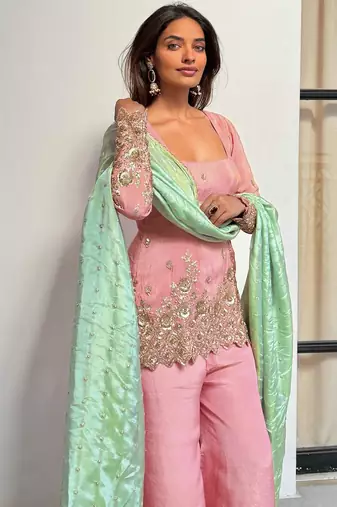 women's shimmer silk embroidered kurta palazzo with dupatta set