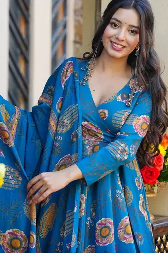 women's cotton blend printed anarkali kurta palazzo with dupatta set