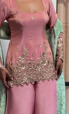 women's shimmer silk embroidered kurta palazzo with dupatta set 5