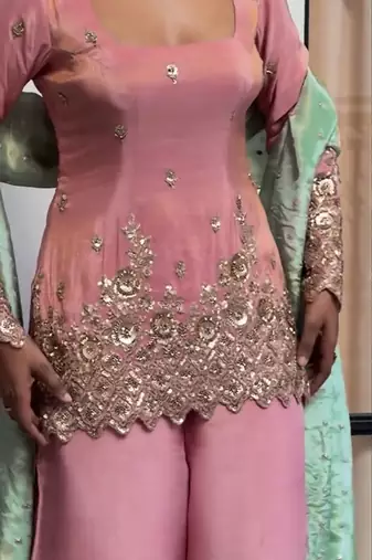 women's shimmer silk embroidered kurta palazzo with dupatta set