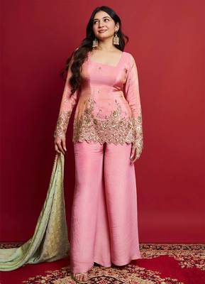 women's shimmer silk embroidered kurta palazzo with dupatta set 1