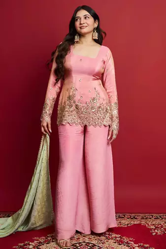 women's shimmer silk embroidered kurta palazzo with dupatta set