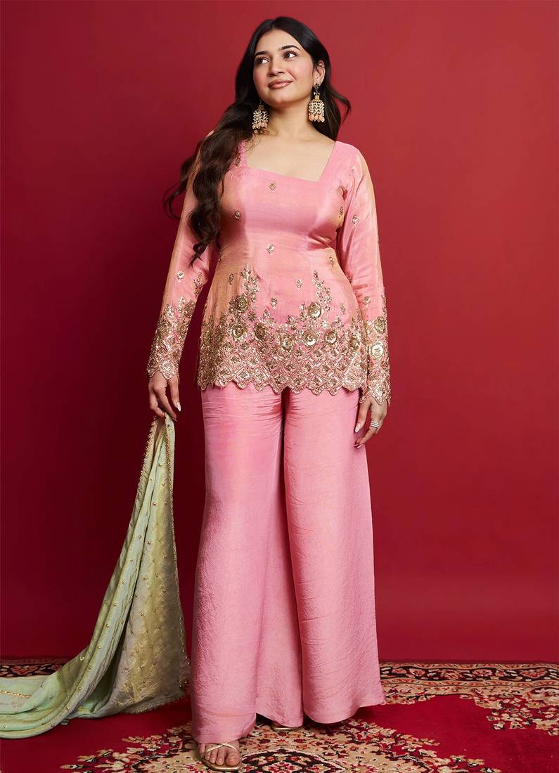 women's shimmer silk embroidered kurta palazzo with dupatta set