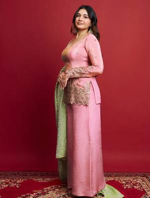 women's shimmer silk embroidered kurta palazzo with dupatta set 2